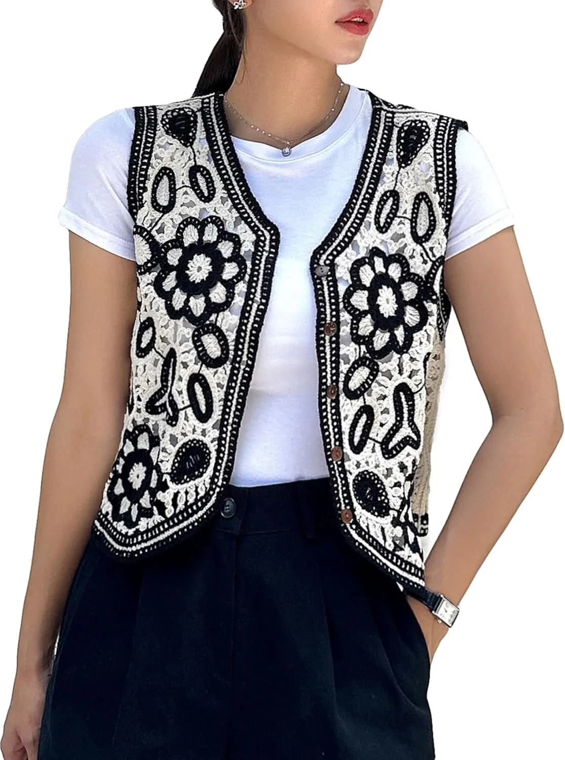 GORGLITTER Women's Embroidered Crochet Knitted Vest Tops Boho Floral Button Front Sweater Vest