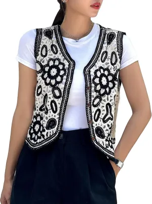 GORGLITTER Women's Embroidered Crochet Knitted Vest Tops Boho Floral Button Front Sweater Vest