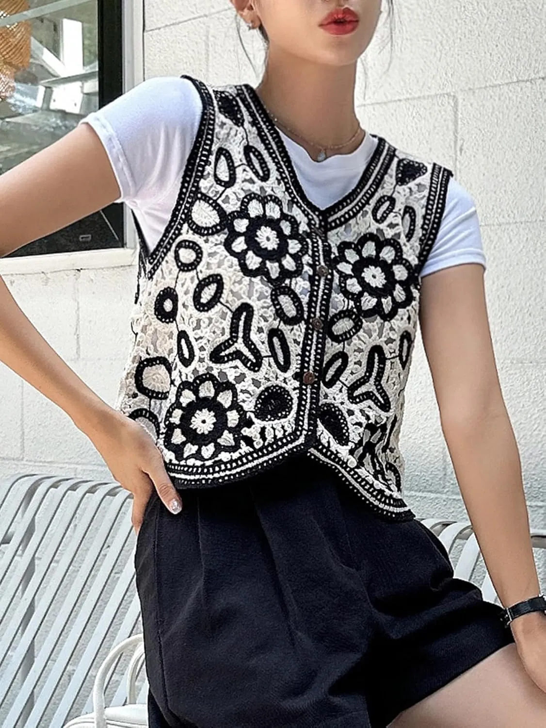 GORGLITTER Women's Embroidered Crochet Knitted Vest Tops Boho Floral Button Front Sweater Vest