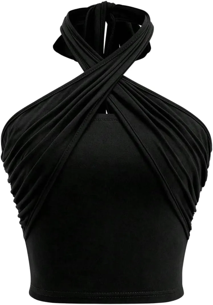GORGLITTER Women's Wrap Cross Ruched Halter Top Tie Backless Camisole Sleeveless Crop Tops