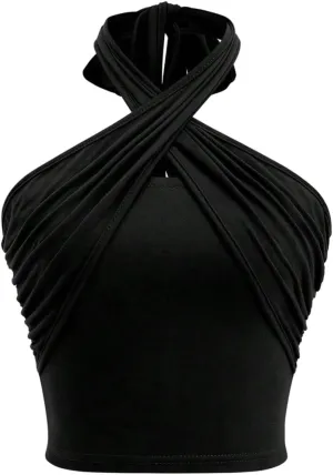 GORGLITTER Women's Wrap Cross Ruched Halter Top Tie Backless Camisole Sleeveless Crop Tops