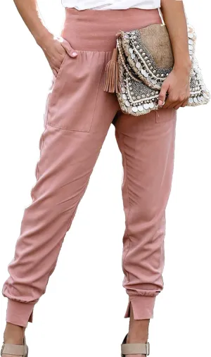 GOTOTOP Women Elastic High Waist Split Hem Pants Casual Sweatpants Loose Drawstring Pencil Trousers Jogger with Pockets(XL-)