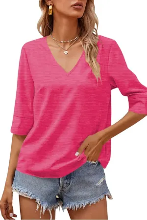 Grlasen Women Fashion Half Sleeve V-Neck T-Shirt Solid Loose Basic Tops