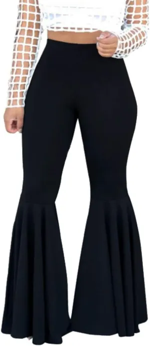 GUOLEZEEV Women Bell Bottoms Solid Elastic Waist Stretchy Fitted and Flared Pants Plus Size