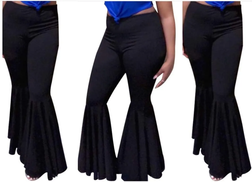 GUOLEZEEV Women Bell Bottoms Solid Elastic Waist Stretchy Fitted and Flared Pants Plus Size