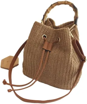 Handheld Straw Bag Fashionable Shoulder Crossbody Bag Bamboo Bag Bucket Bag-Brown