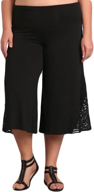 HEYHUN Women's Solid Tie Dye Wide Leg Flared Capri Boho Gaucho Pants w/Lace Detail