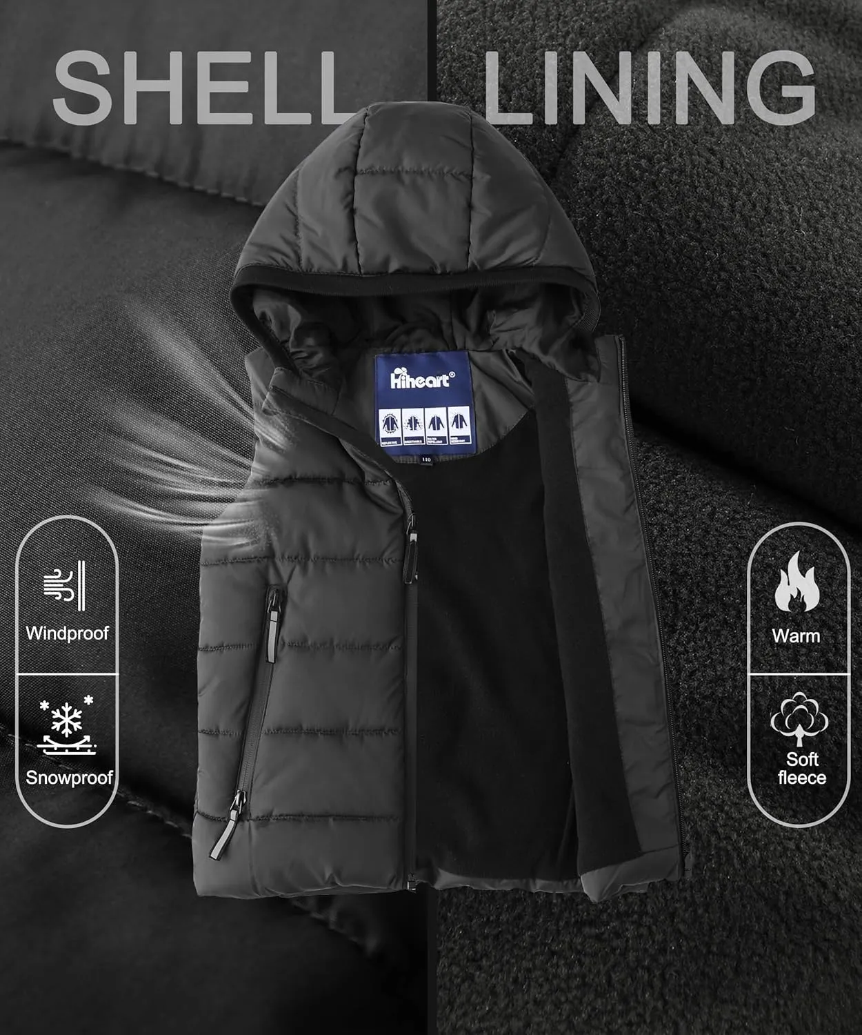 Hiheart Boys Girls Zip-up Fleece Lined Cotton Padded Vest with Hood