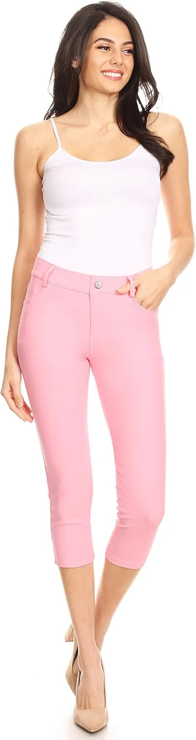 ICONOFLASH Women's Cotton 5 Pocket Bermuda Shorts No Muffin Top Pull On Knee Length Jeggings Stretchy Jean Leggings