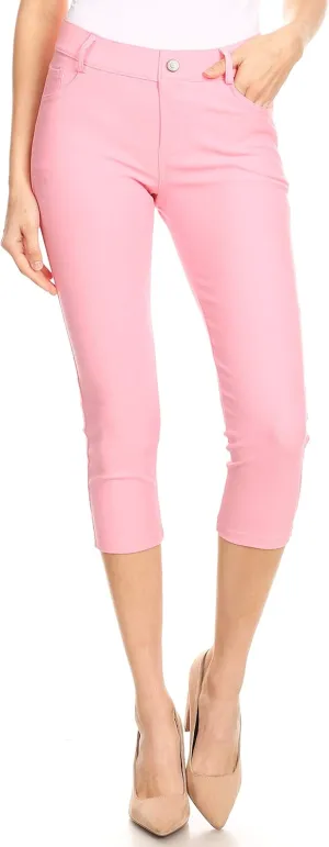 ICONOFLASH Women's Cotton 5 Pocket Bermuda Shorts No Muffin Top Pull On Knee Length Jeggings Stretchy Jean Leggings