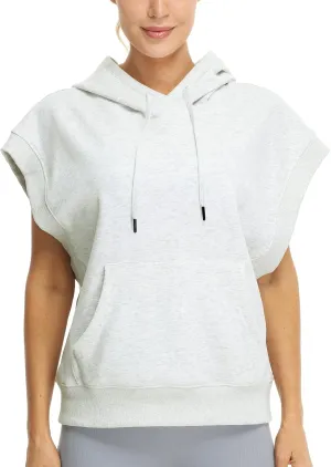 icyzone Women's Oversized Hooded Sweatshirt, Casual Workout Cap Sleeve Pullover with kangaroo Pocket