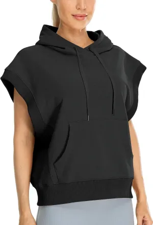 icyzone Women's Oversized Hooded Sweatshirt, Casual Workout Cap Sleeve Pullover with kangaroo Pocket