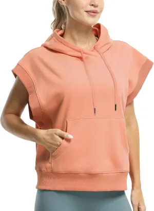 icyzone Women's Oversized Hooded Sweatshirt, Casual Workout Cap Sleeve Pullover with kangaroo Pocket