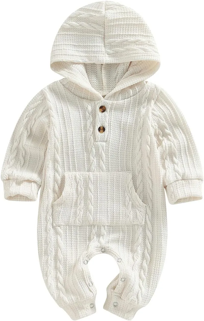 Infant Boys Girls Knit Sweater Romper Baby Toddlers Long Sleeve Hooded Button Up Winter Outfits with Pocket