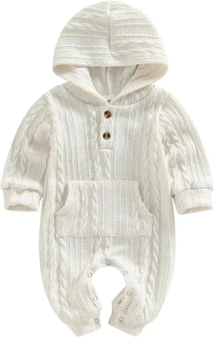 Infant Boys Girls Knit Sweater Romper Baby Toddlers Long Sleeve Hooded Button Up Winter Outfits with Pocket