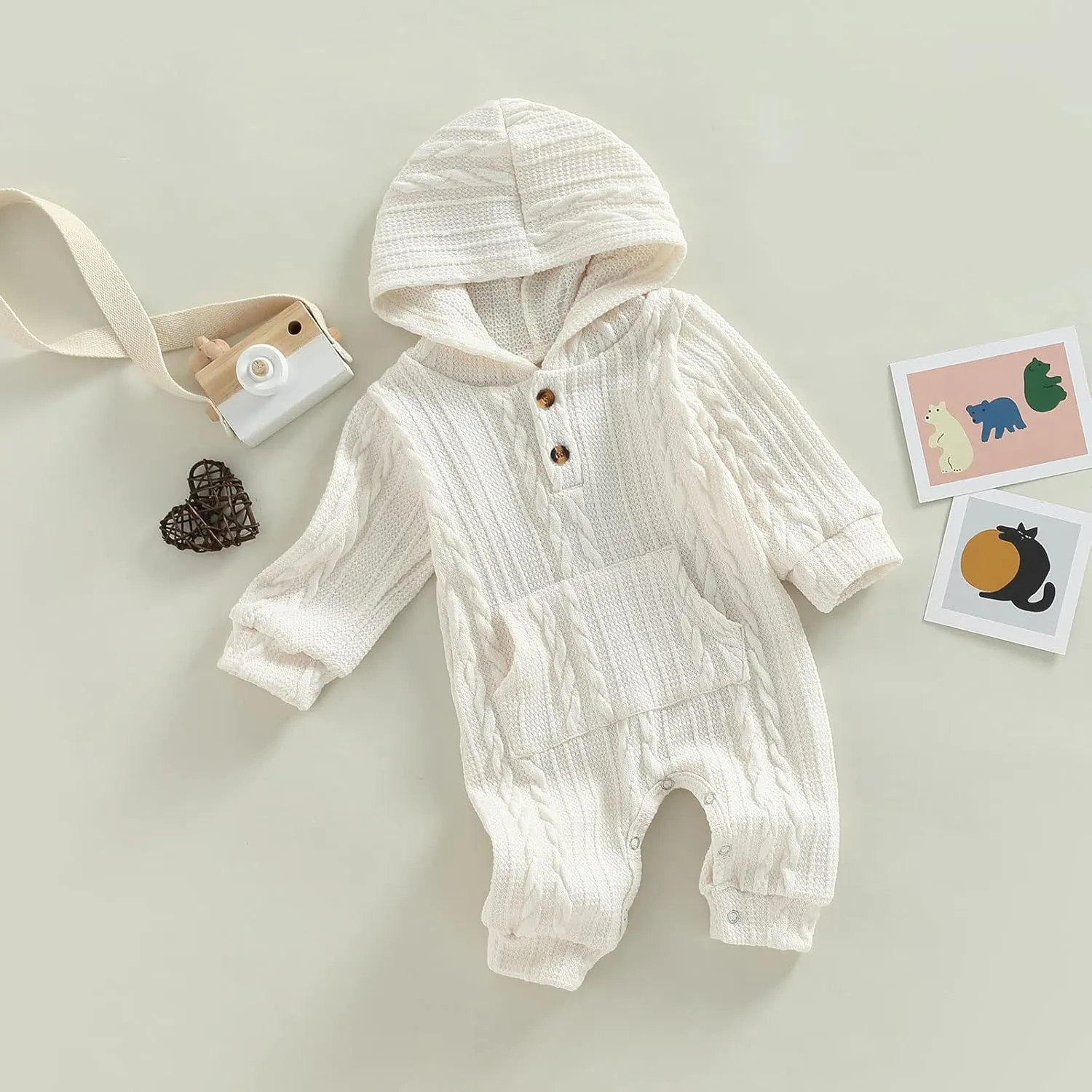 Infant Boys Girls Knit Sweater Romper Baby Toddlers Long Sleeve Hooded Button Up Winter Outfits with Pocket