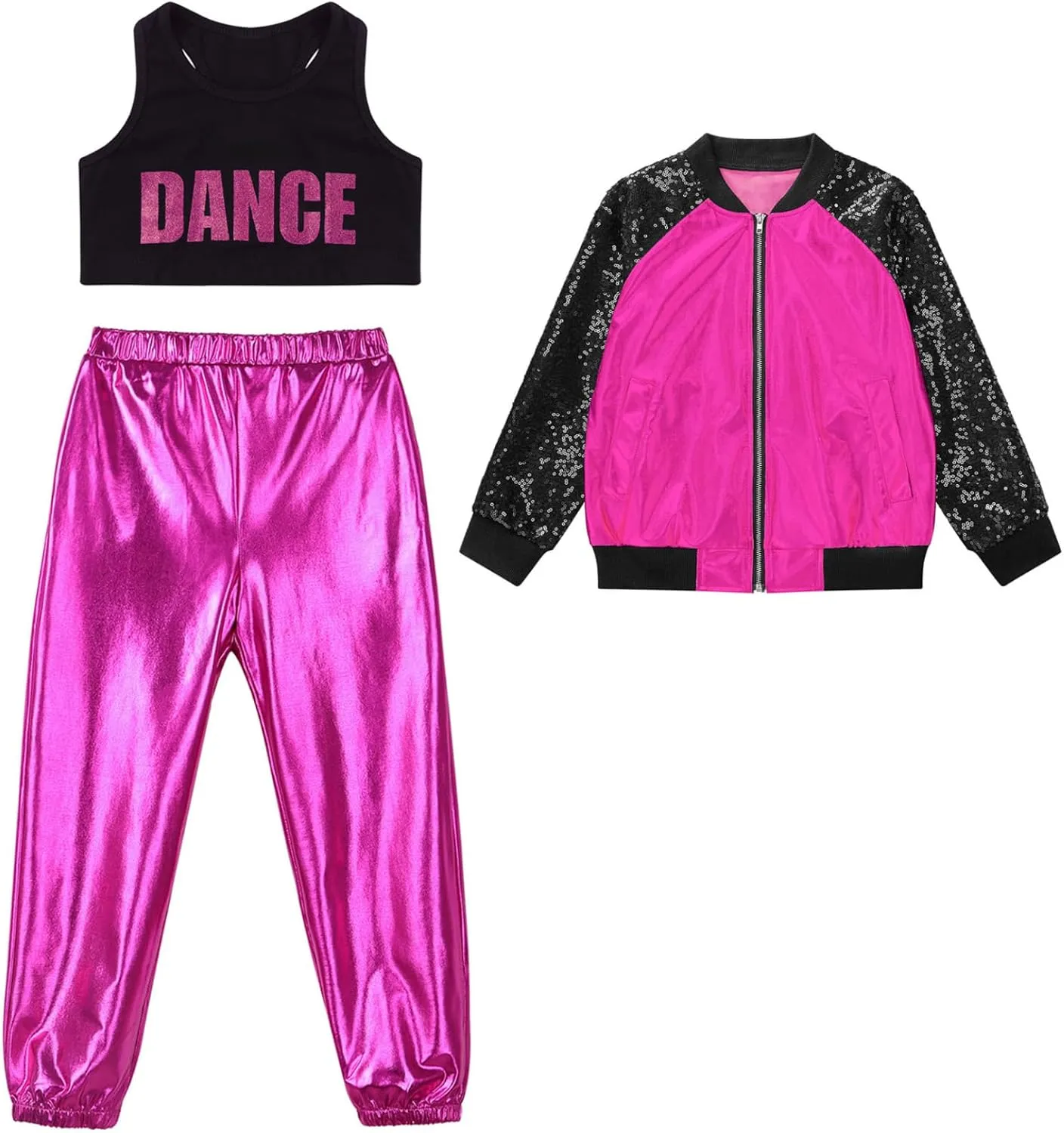 Kids Girls Fashion Hip Hop Dance Costume Outfits Sleeveless Racer Back Cropped Vest with Metallic Jacket Pants
