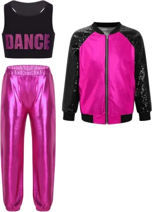 Kids Girls Fashion Hip Hop Dance Costume Outfits Sleeveless Racer Back Cropped Vest with Metallic Jacket Pants