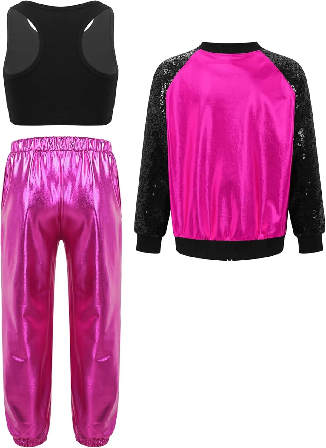 Kids Girls Fashion Hip Hop Dance Costume Outfits Sleeveless Racer Back Cropped Vest with Metallic Jacket Pants