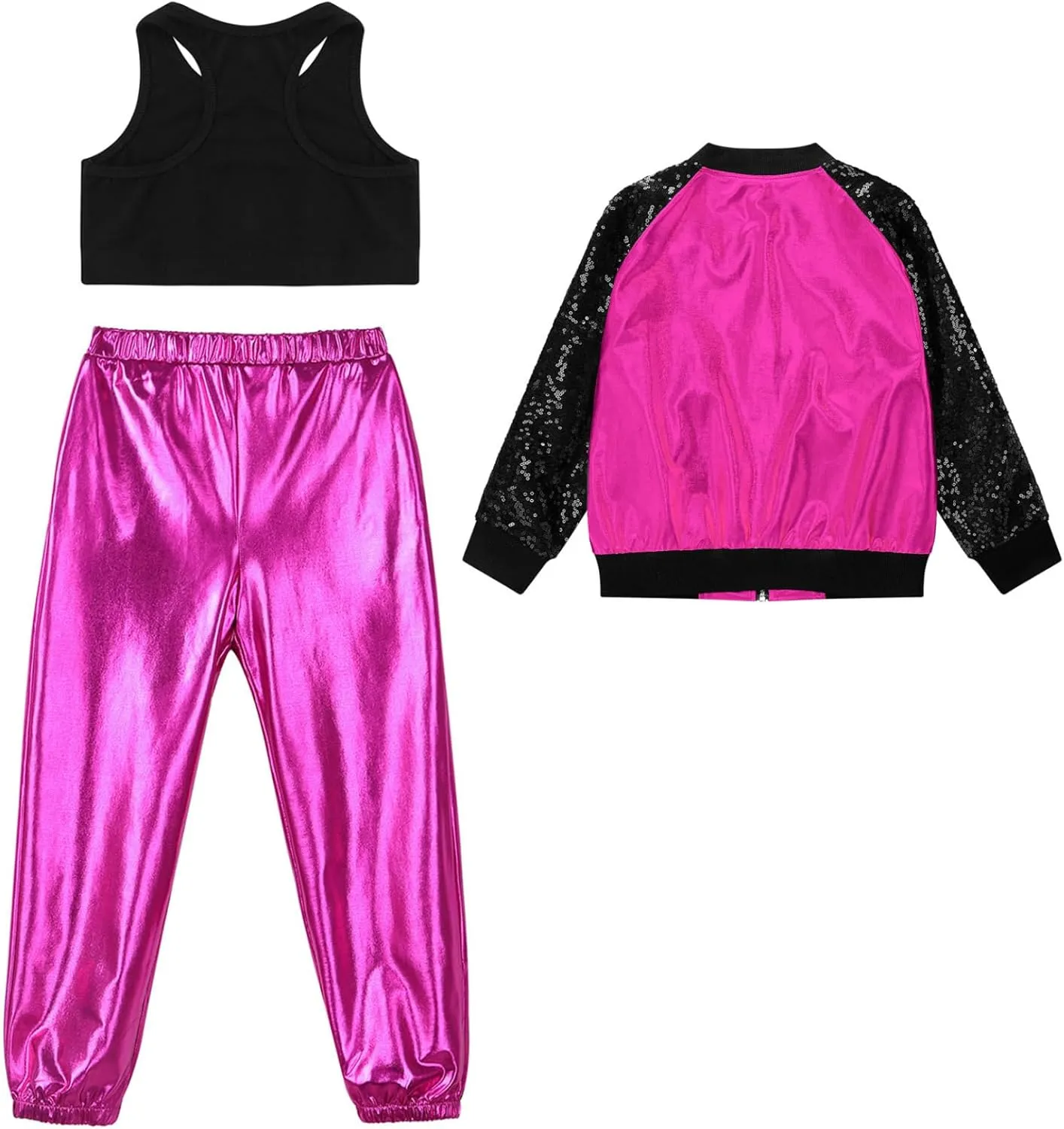 Kids Girls Fashion Hip Hop Dance Costume Outfits Sleeveless Racer Back Cropped Vest with Metallic Jacket Pants