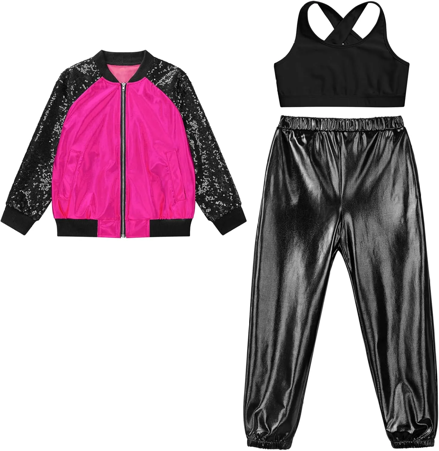 Kids Jazz Hip Hop Dance Costumes Boys Girls Sequins Leather Bomber Jacket with Cross Vest and Jogger Pants Set