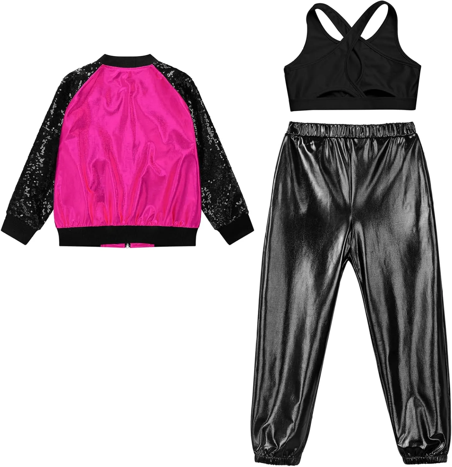 Kids Jazz Hip Hop Dance Costumes Boys Girls Sequins Leather Bomber Jacket with Cross Vest and Jogger Pants Set