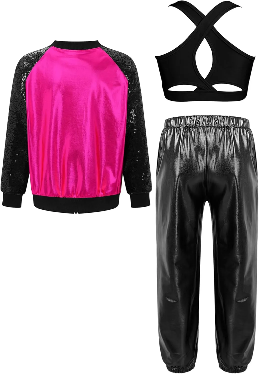 Kids Jazz Hip Hop Dance Costumes Boys Girls Sequins Leather Bomber Jacket with Cross Vest and Jogger Pants Set