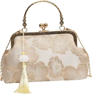 Kiss Lock Crossbody Purse Elegant with Chain Strap Party Evening Bag White