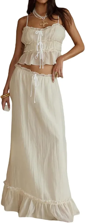 KOSUSANILL Women 2 Piece Maxi Skirt Set Flowy Ruffle Long Skirt Sexy Two Piece Outfit Open Back Crop Top Skirt Matching Sets
