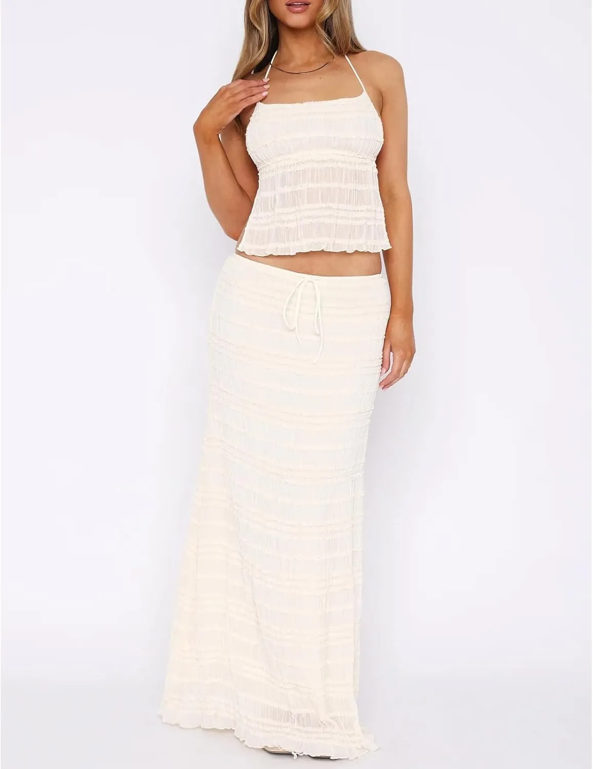 KOSUSANILL Women 2 Piece Maxi Skirt Set Flowy Ruffle Long Skirt Sexy Two Piece Outfit Open Back Crop Top Skirt Matching Sets