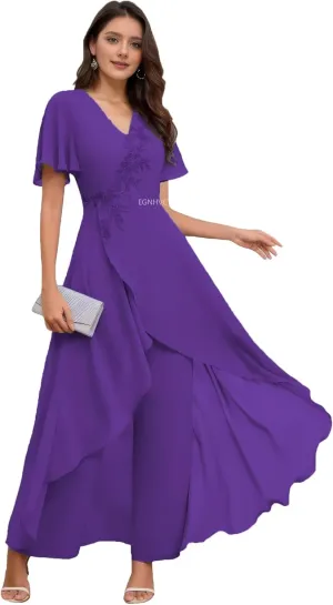 Lace Purple Pant Suits for Women 2025 with Sleeves Mother of The Bride Pant Suits Spring V Neck Wedding Dress for Bride 8