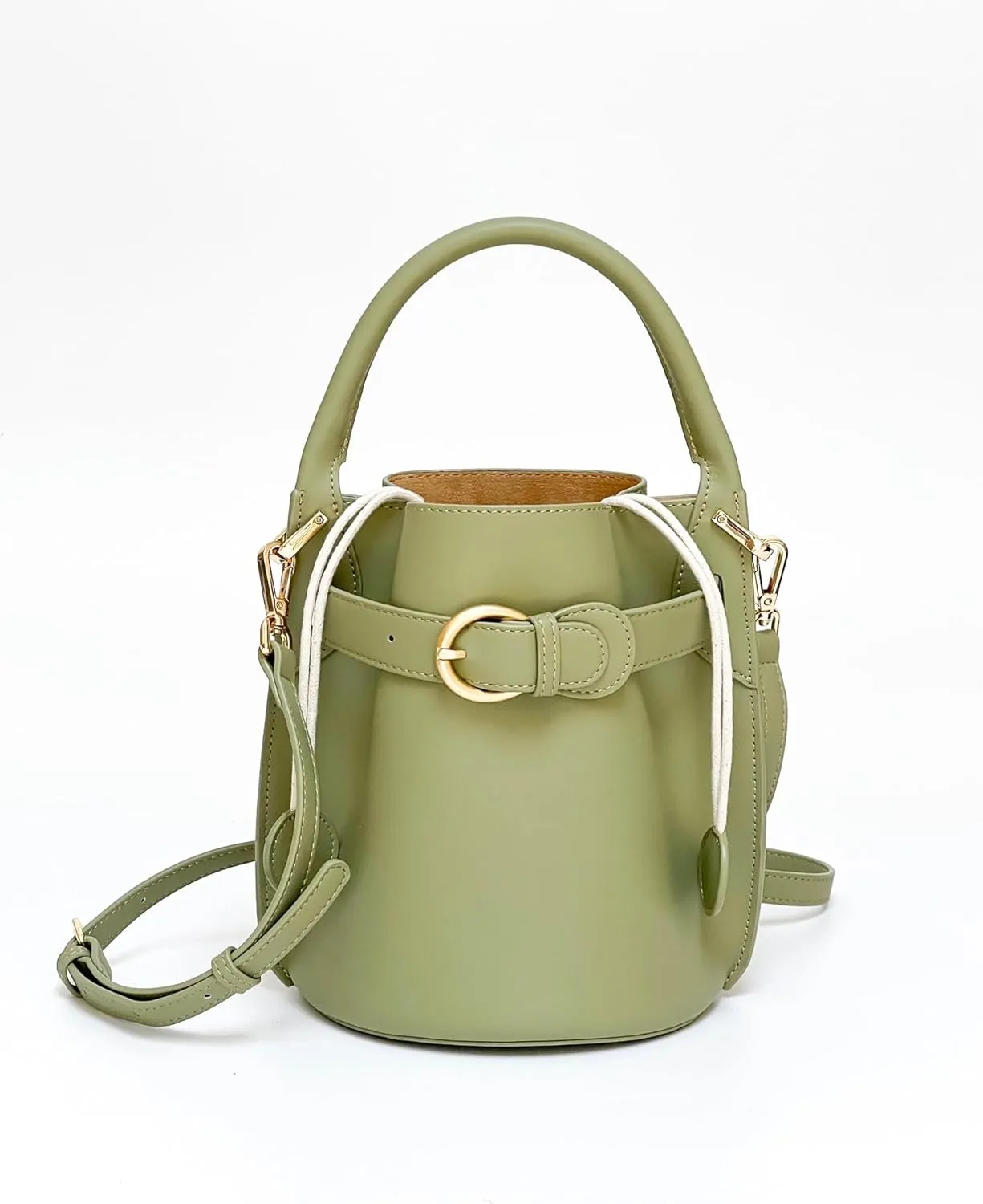 Ladies' Genuine Leather Solid Color Bucket Handbag, Fashionable and Casual Single Shoulder Crossbody Bag(Green)