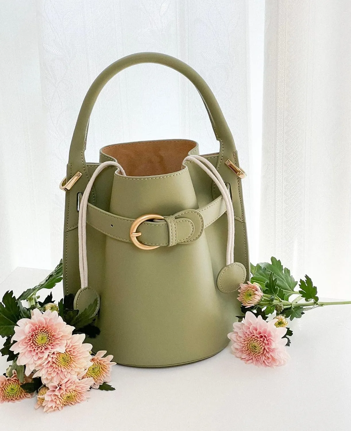 Ladies' Genuine Leather Solid Color Bucket Handbag, Fashionable and Casual Single Shoulder Crossbody Bag(Green)