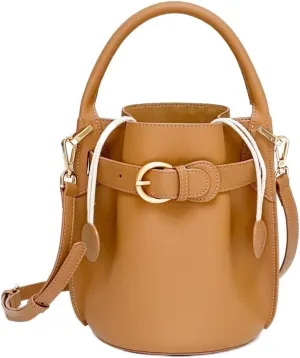Ladies' Genuine Leather Solid Color Bucket Handbag, Fashionable and Casual Single Shoulder Crossbody Bag(Green)