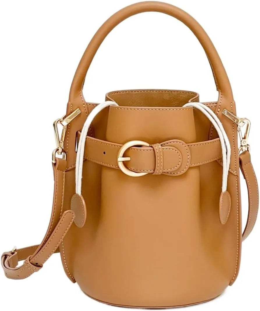 Ladies' Genuine Leather Solid Color Bucket Handbag, Fashionable and Casual Single Shoulder Crossbody Bag(Green)