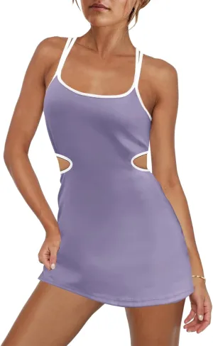 LAMISSCHE Womens Tennis Dress Built in Bra and Shorts Athletic Golf Mini Dress Backless Cut Out Onesie Romper