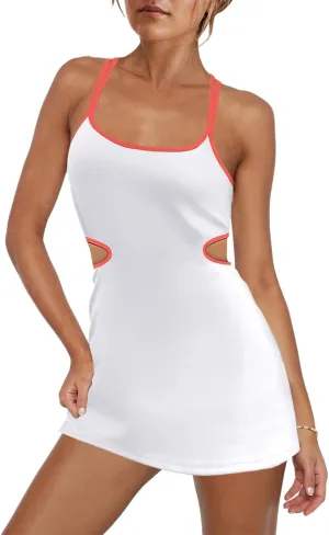LAMISSCHE Womens Tennis Dress Built in Bra and Shorts Athletic Golf Mini Dress Backless Cut Out Onesie Romper