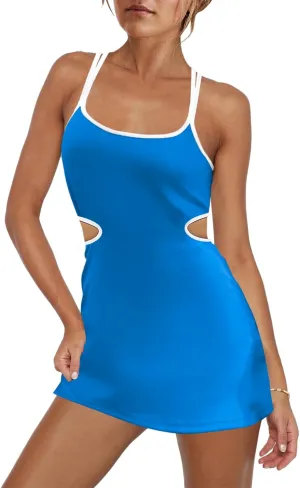 LAMISSCHE Womens Tennis Dress Built in Bra and Shorts Athletic Golf Mini Dress Backless Cut Out Onesie Romper