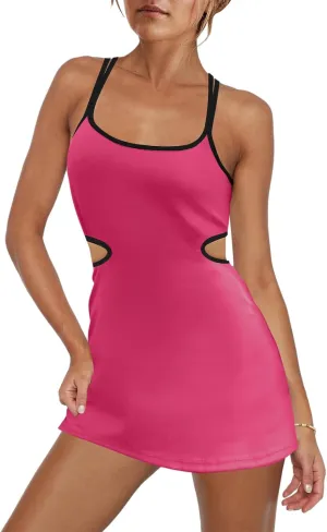 LAMISSCHE Womens Tennis Dress Built in Bra and Shorts Athletic Golf Mini Dress Backless Cut Out Onesie Romper