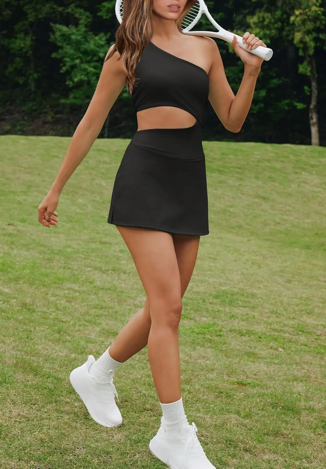 LAMISSCHE Womens Tennis Dress Built with Bra and Shorts Workout One Shoulder Mini Dress Athletic Cut Out Golf Dress