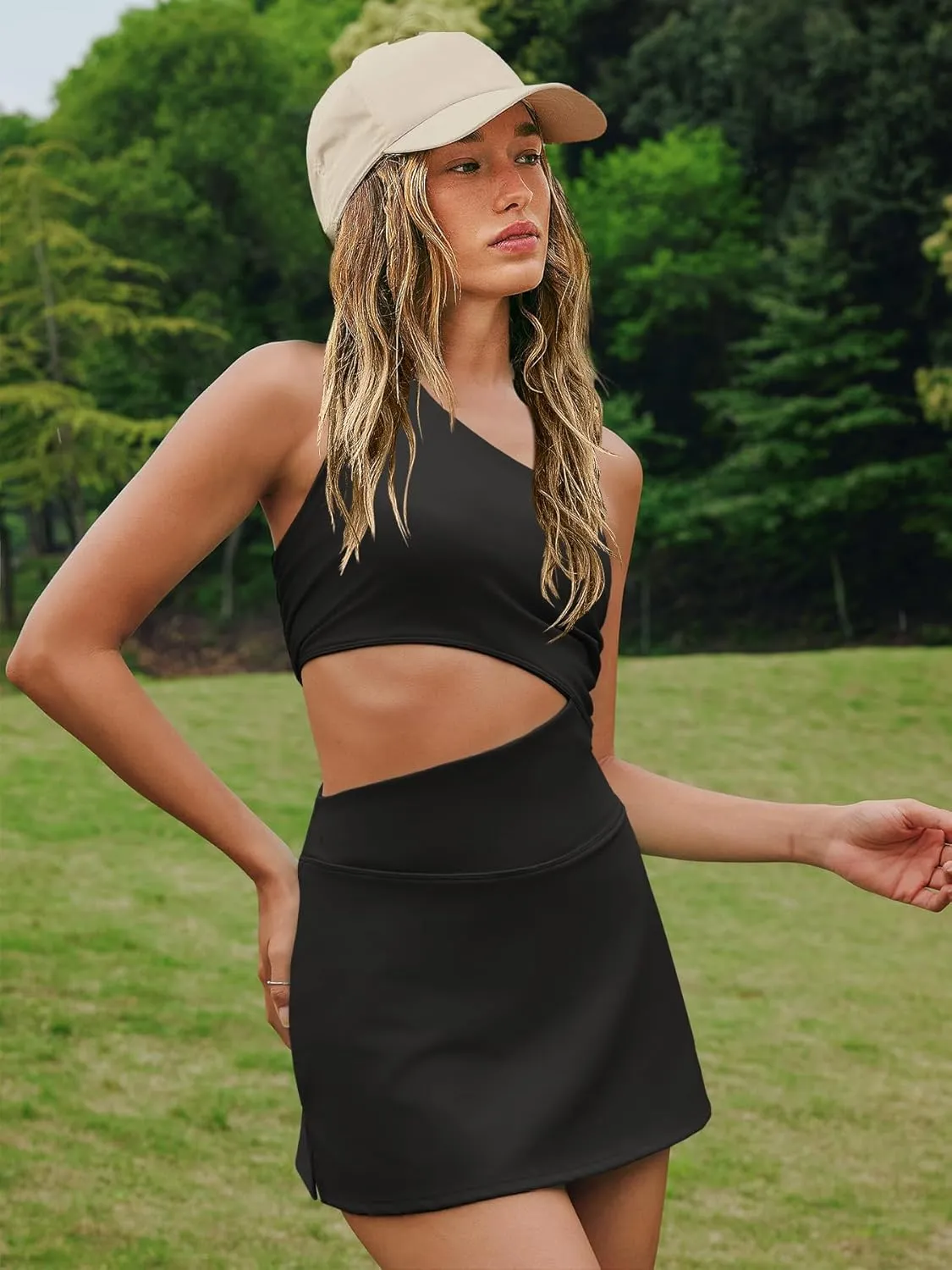 LAMISSCHE Womens Tennis Dress Built with Bra and Shorts Workout One Shoulder Mini Dress Athletic Cut Out Golf Dress