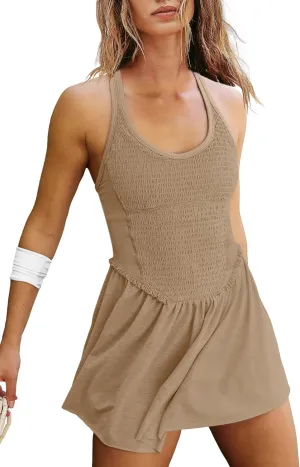 LAMISSCHE Womens Tennis Dress with Built in Shorts and Bra One Piece Workout Smocked Mini Dress A Line Yoga Golf Dress