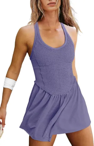 LAMISSCHE Womens Tennis Dress with Built in Shorts and Bra One Piece Workout Smocked Mini Dress A Line Yoga Golf Dress