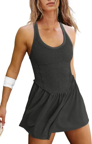LAMISSCHE Womens Tennis Dress with Built in Shorts and Bra One Piece Workout Smocked Mini Dress A Line Yoga Golf Dress