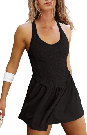 LAMISSCHE Womens Tennis Dress with Built in Shorts and Bra One Piece Workout Smocked Mini Dress A Line Yoga Golf Dress
