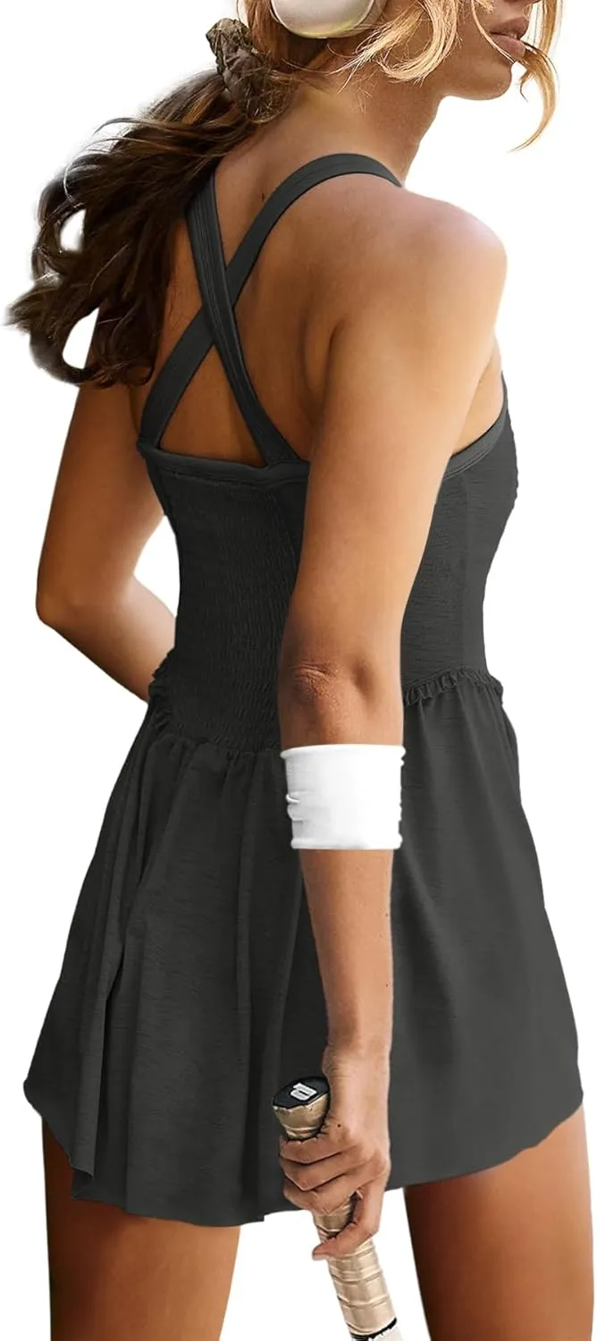 LAMISSCHE Womens Tennis Dress with Built in Shorts and Bra One Piece Workout Smocked Mini Dress A Line Yoga Golf Dress