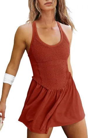 LAMISSCHE Womens Tennis Dress with Built in Shorts and Bra One Piece Workout Smocked Mini Dress A Line Yoga Golf Dress