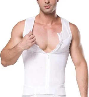 LARDROK Men Body Slimming Vest Seamless Compression Shirts with Zipper Tight Tank Top Control Tummy Hide Gynecomastia White