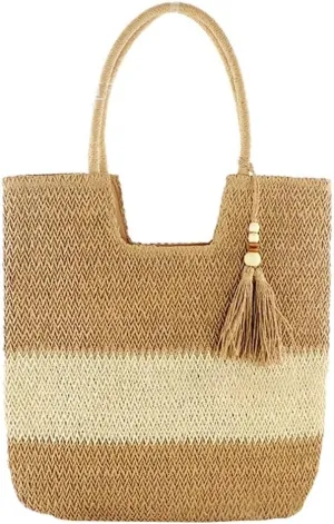 Large Summer Woven Straw Beach Tote Shoulder Bag with Zipper Fashionable Choice for Women's Vacation
