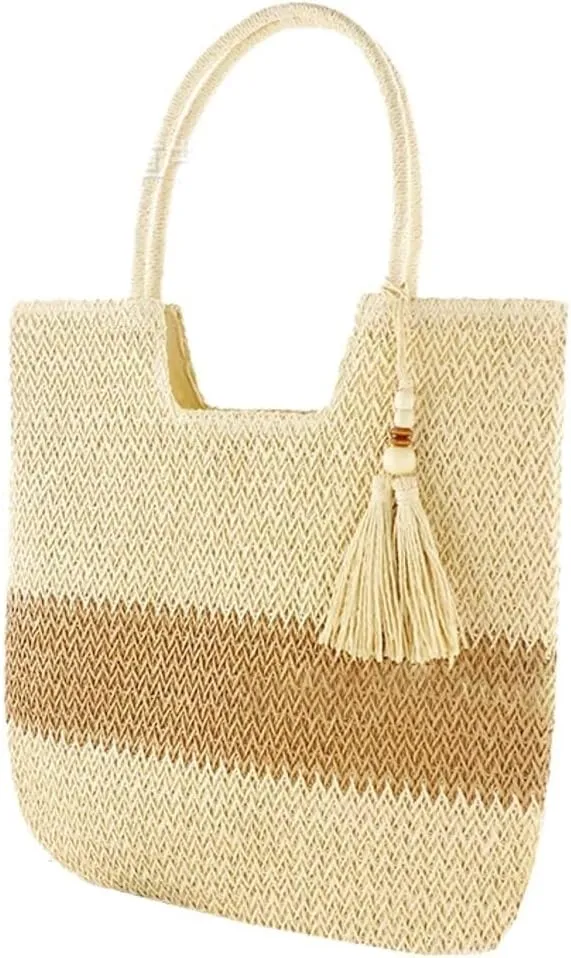 Large Summer Woven Straw Beach Tote Shoulder Bag with Zipper Fashionable Choice for Women's Vacation